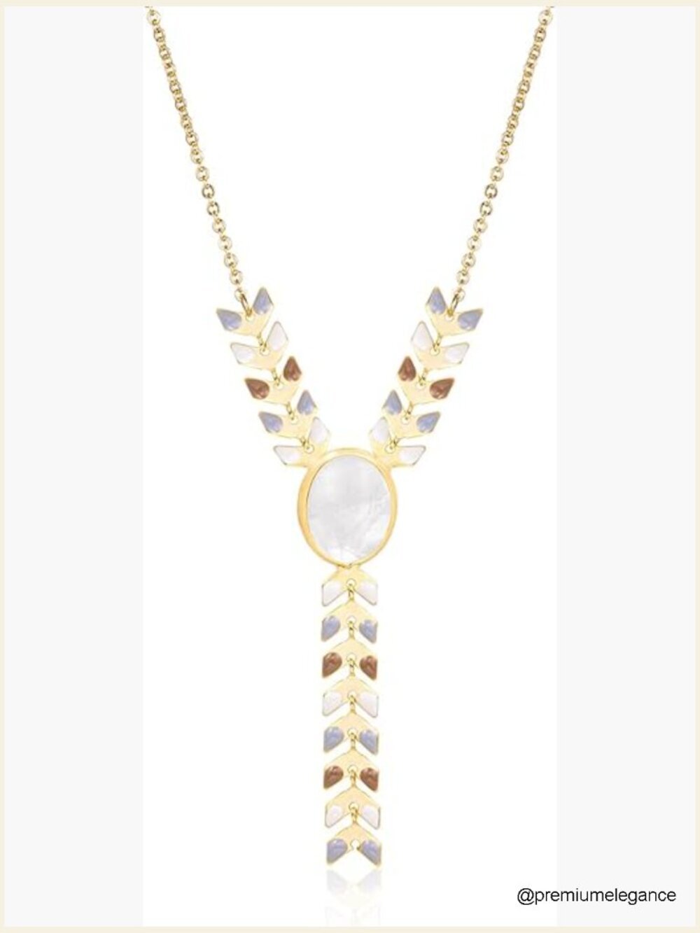 Y Shape Pendant Necklace with Natural Stone, 14K Gold Plated Stainless Steel,